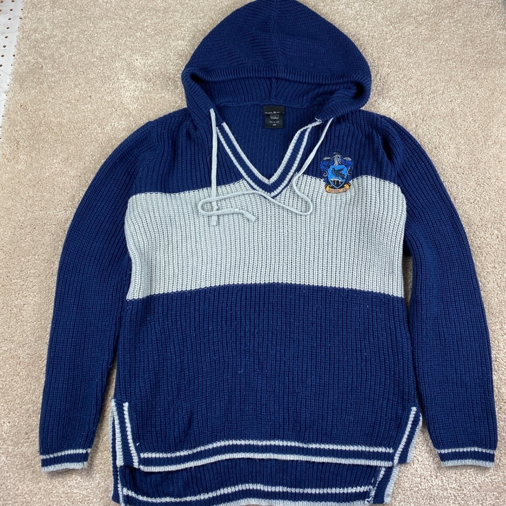 Harry Potter Ravenclaw Knit Hoodie Sweater Blue Grey Womens Medium Crest Graphic